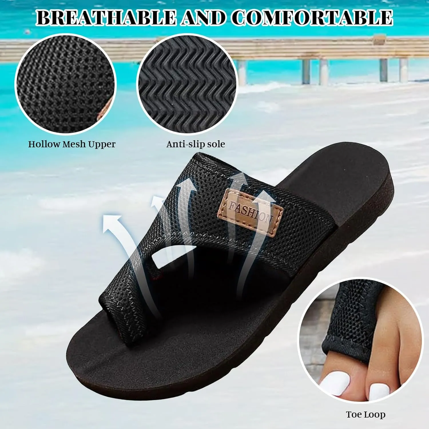 Womens Slide Sandals with Arch Support Breathable Mesh Hollow with Toe Loop Summer Casual Flats Slippers Orthotic Orthopedic Lightweight Comfortable Athletic Plantar Fasciitis Sandal Flip Flops