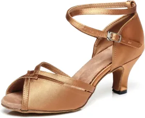 Women's Stylish Peep Toe Satin Ballroom Tango Party Wedding Prom Professional Dance Shoes Bronze US 7.5