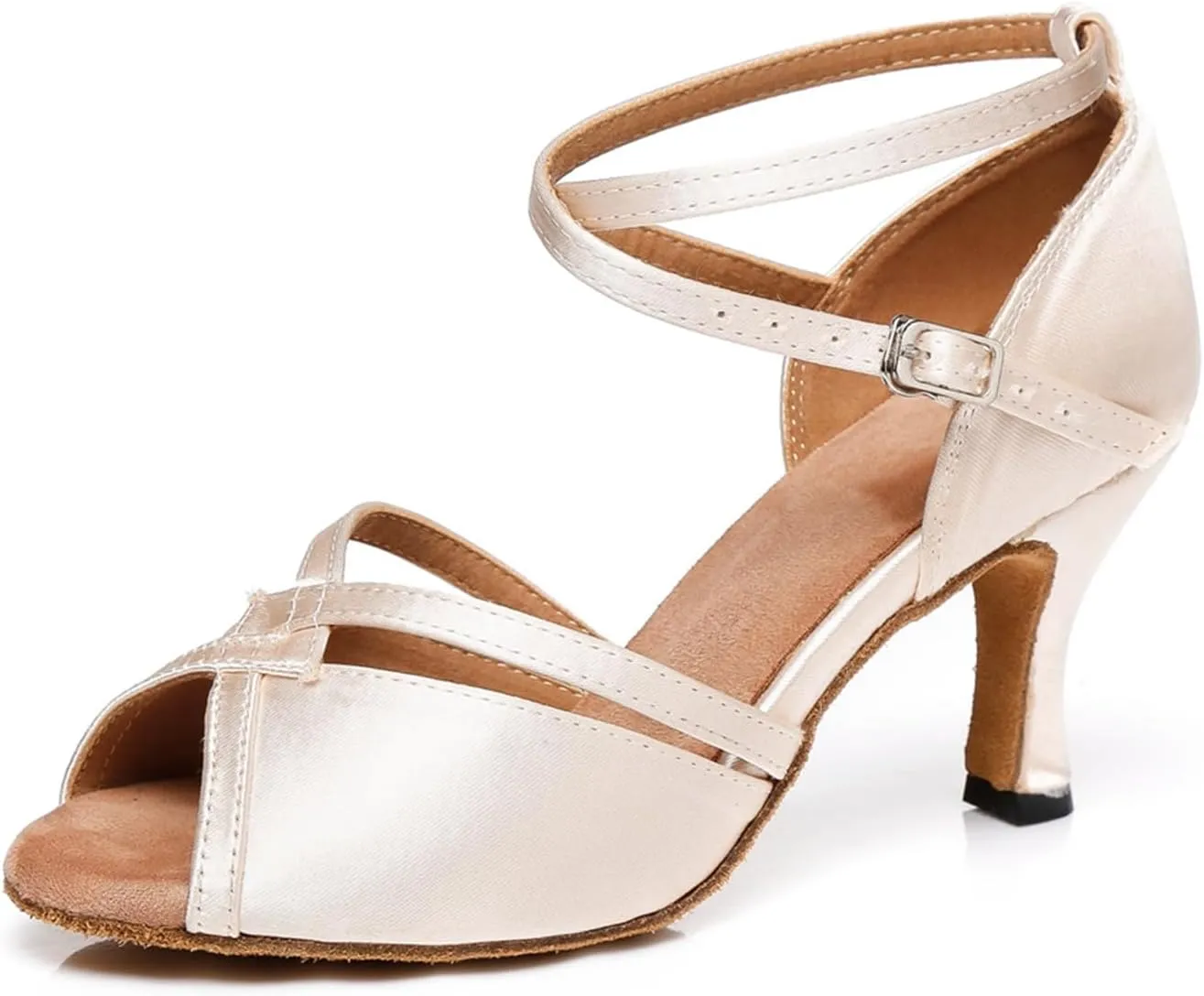 Women's Stylish Peep Toe Satin Ballroom Tango Party Wedding Prom Professional Dance Shoes Nude US 6