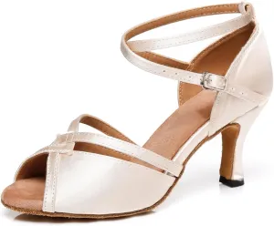 Women's Stylish Peep Toe Satin Ballroom Tango Party Wedding Prom Professional Dance Shoes Nude US 6