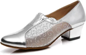 Women's Stylish Round Toe Synthetic Ballroom Morden Tango Party Wedding Professional Dance Shoes Silver US 8