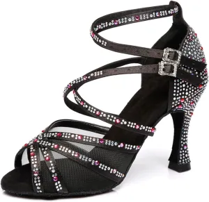 Women's Stylish Sparkle Rhinestones Peep Toe Satin Ballroom Jazz Party Wedding Practice Dance Shoes Black US 10.5