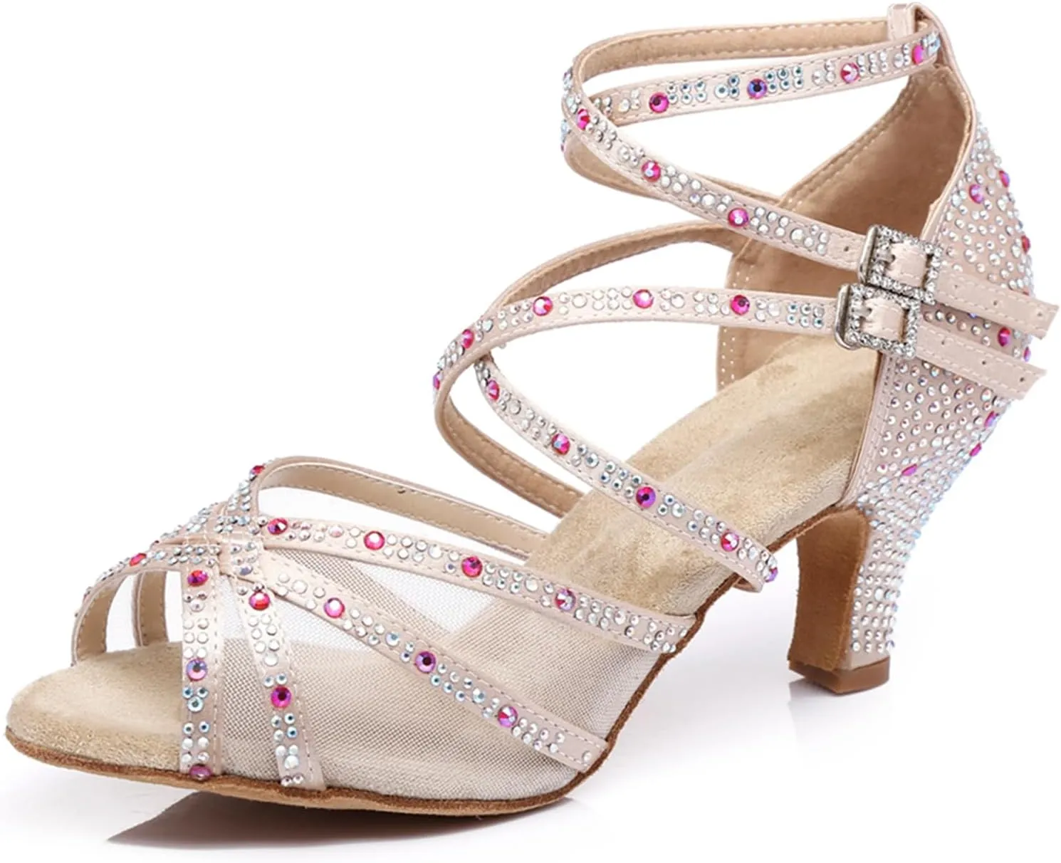 Women's Stylish Sparkle Rhinestones Peep Toe Satin Ballroom Jazz Party Wedding Practice Dance Shoes Nude US 8.5