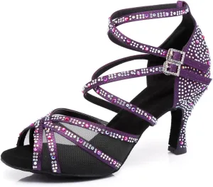 Women's Stylish Sparkle Rhinestones Peep Toe Satin Ballroom Jazz Party Wedding Practice Dance Shoes Purple US 4