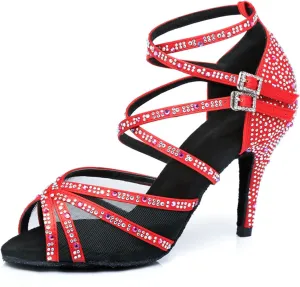Women's Stylish Sparkle Rhinestones Peep Toe Satin Ballroom Jazz Party Wedding Practice Dance Shoes Red US 7
