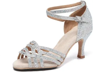 Women's Stylish Sparkle Rhinestones Peep Toe Satin Ballroom Latin Party Wedding Professional Dance Shoes Silver US 5