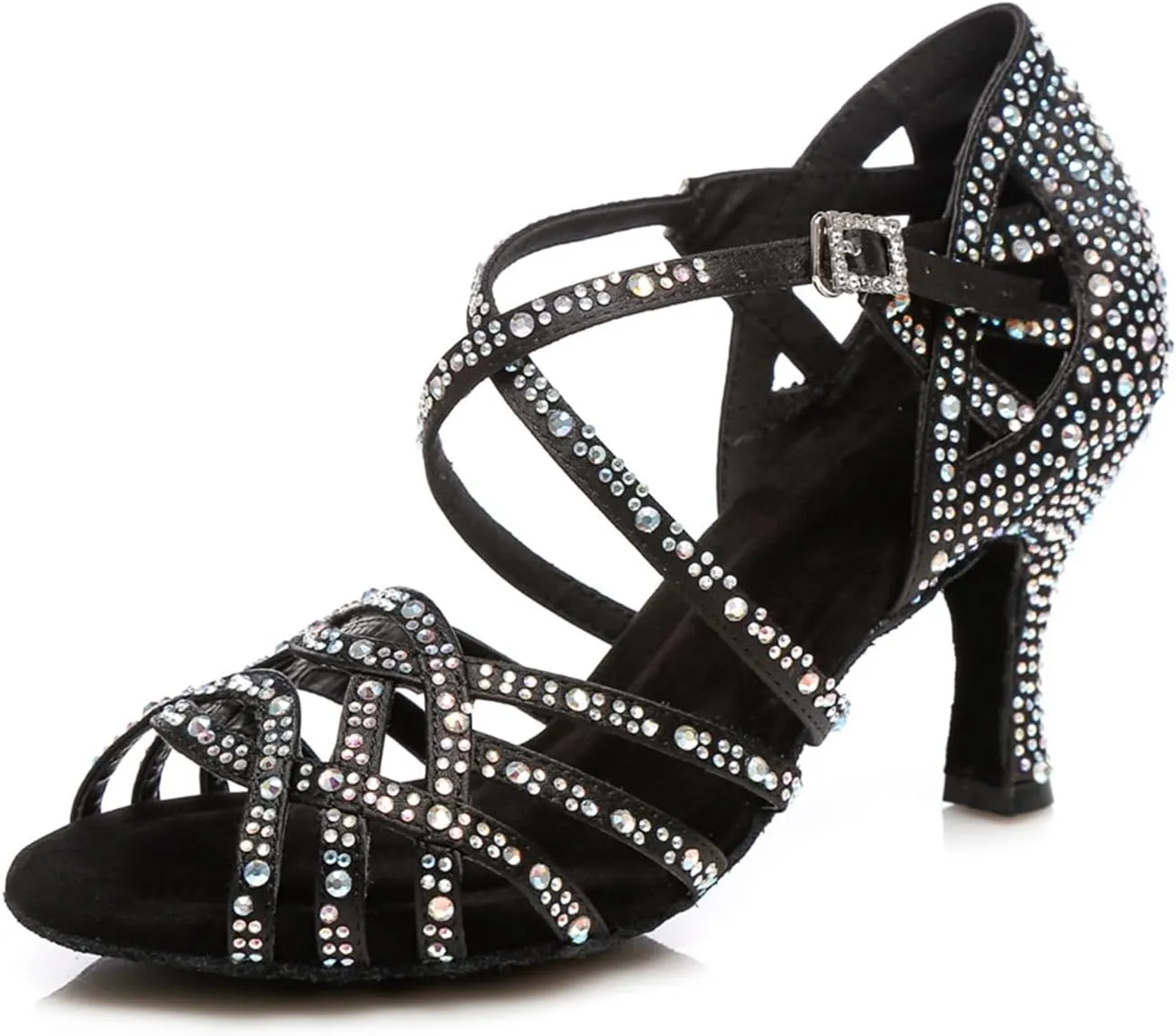 Women's Stylish Sparkle Rhinestones Peep Toe Satin Ballroom Modern Tango Party Wedding Practice Dance Shoes Black US 8.5
