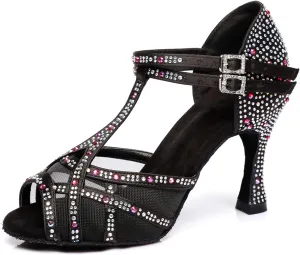 Women's Stylish Sparkle Rhinestones Peep Toe Satin Ballroom Salsa Party Wedding Practice Dance Shoes Black US 6.5