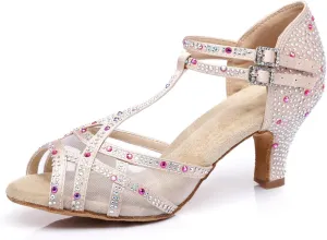 Women's Stylish Sparkle Rhinestones Peep Toe Satin Ballroom Salsa Party Wedding Practice Dance Shoes Nude US 4