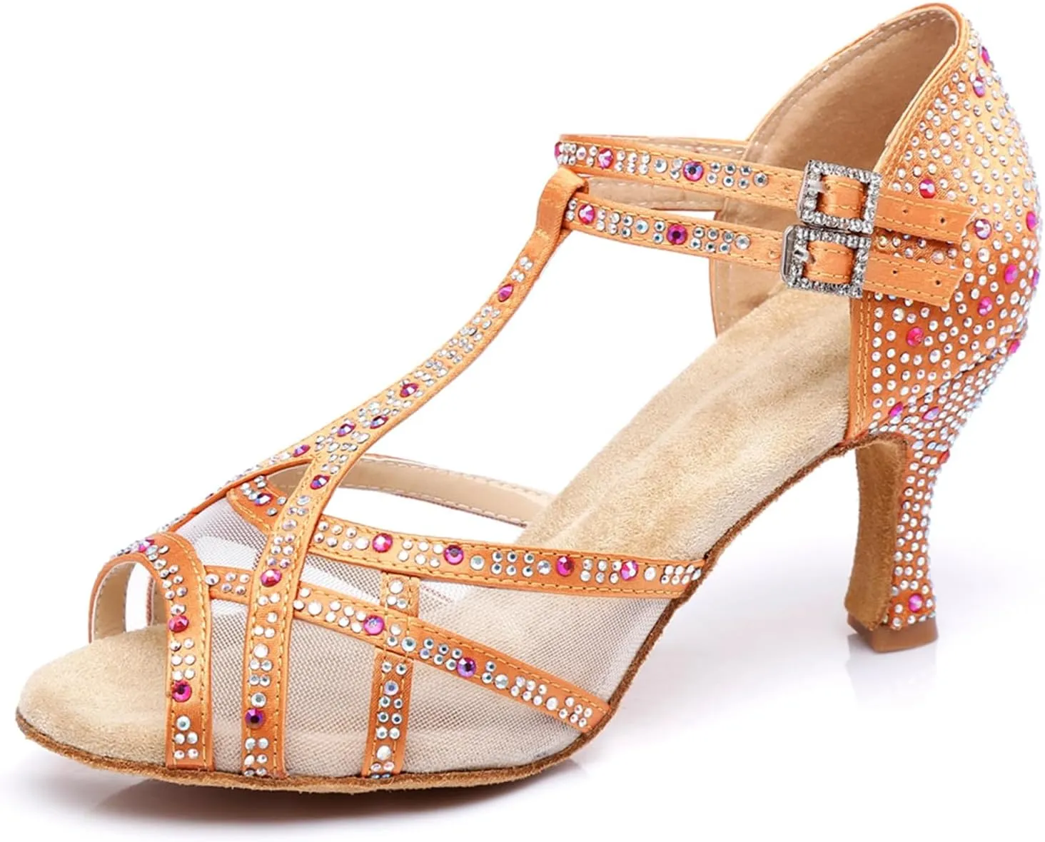 Women's Stylish Sparkle Rhinestones Peep Toe Satin Ballroom Salsa Party Wedding Practice Dance Shoes Orange Yellow US 4.5