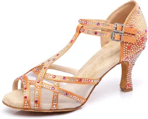 Women's Stylish Sparkle Rhinestones Peep Toe Satin Ballroom Salsa Party Wedding Practice Dance Shoes Orange Yellow US 4.5