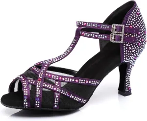 Women's Stylish Sparkle Rhinestones Peep Toe Satin Ballroom Salsa Party Wedding Practice Dance Shoes purple US 6.5