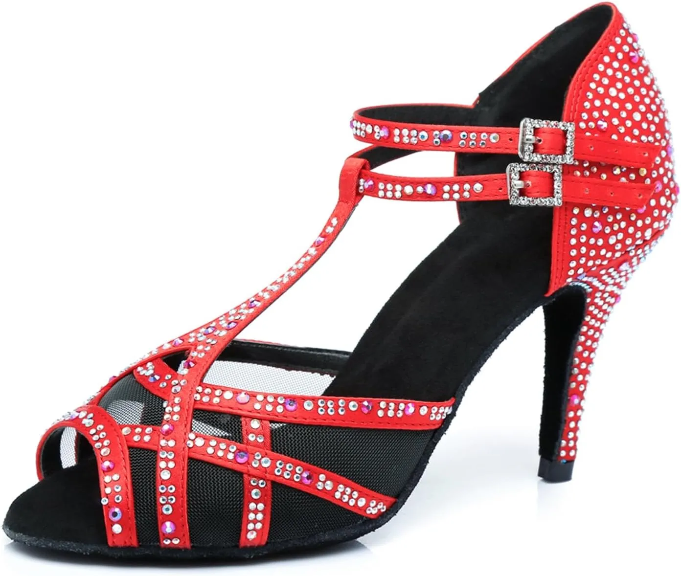 Women's Stylish Sparkle Rhinestones Peep Toe Satin Ballroom Salsa Party Wedding Practice Dance Shoes Red US 7