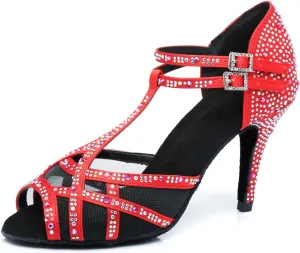 Women's Stylish Sparkle Rhinestones Peep Toe Satin Ballroom Salsa Party Wedding Practice Dance Shoes Red US 7